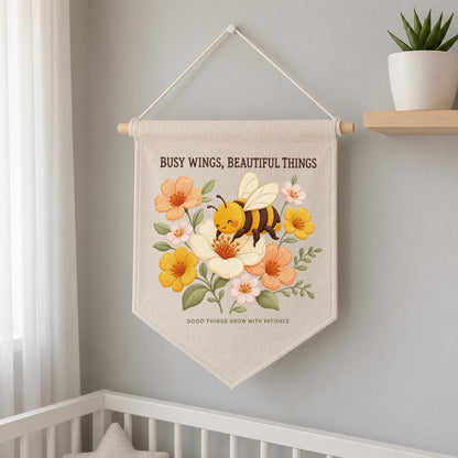 Busy Wings Beautiful Things Canvas Pennant Banner, Cute Embroidered Bumblebee Flower Wall Hanging Sign, Honeybee Nursery Decor