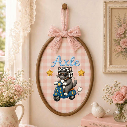 Personalized Cat Scooter Embroidery Hoop Art, Custom Name Biker Kitten Wall Hanging