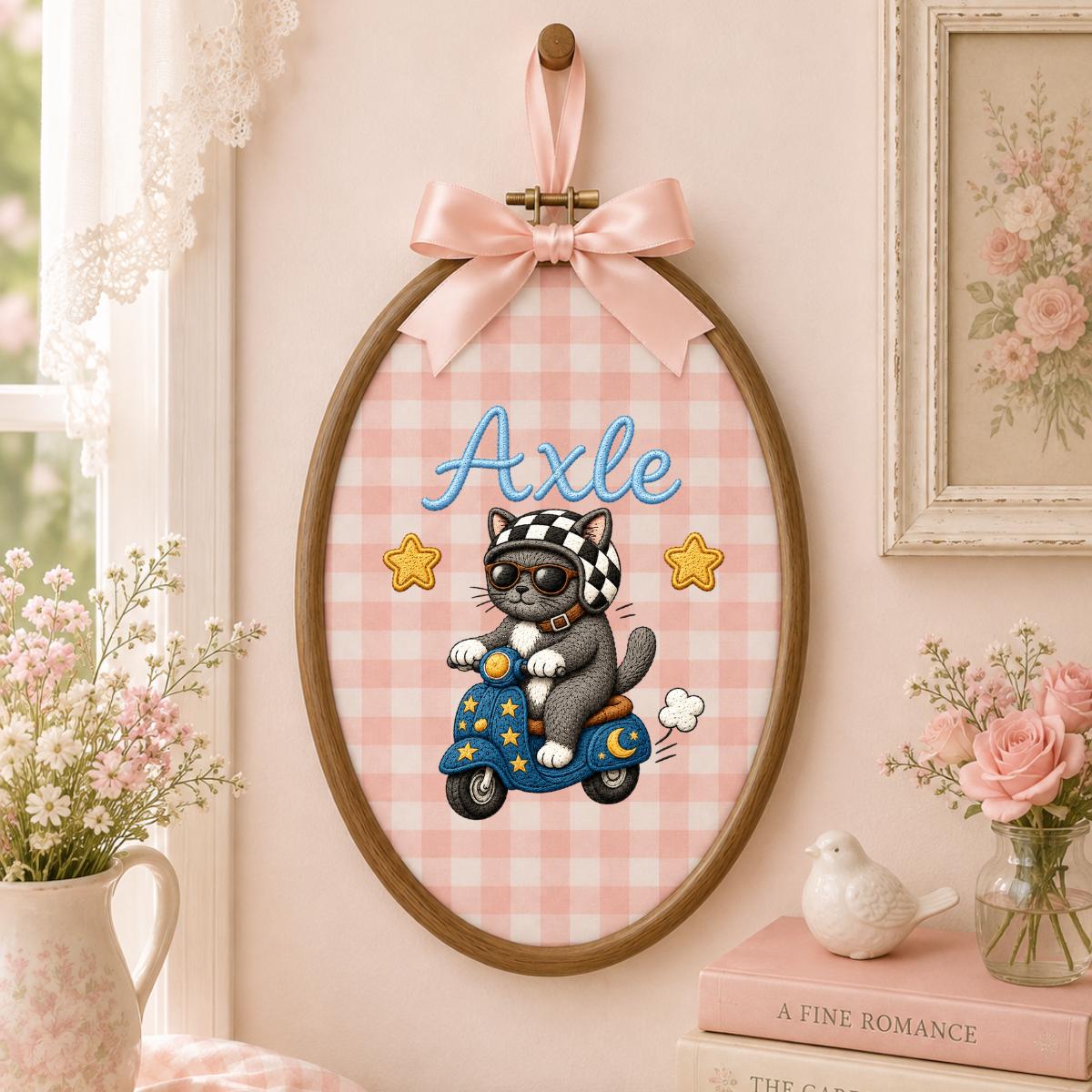 Personalized Cat Scooter Embroidery Hoop Art, Custom Name Biker Kitten Wall Hanging