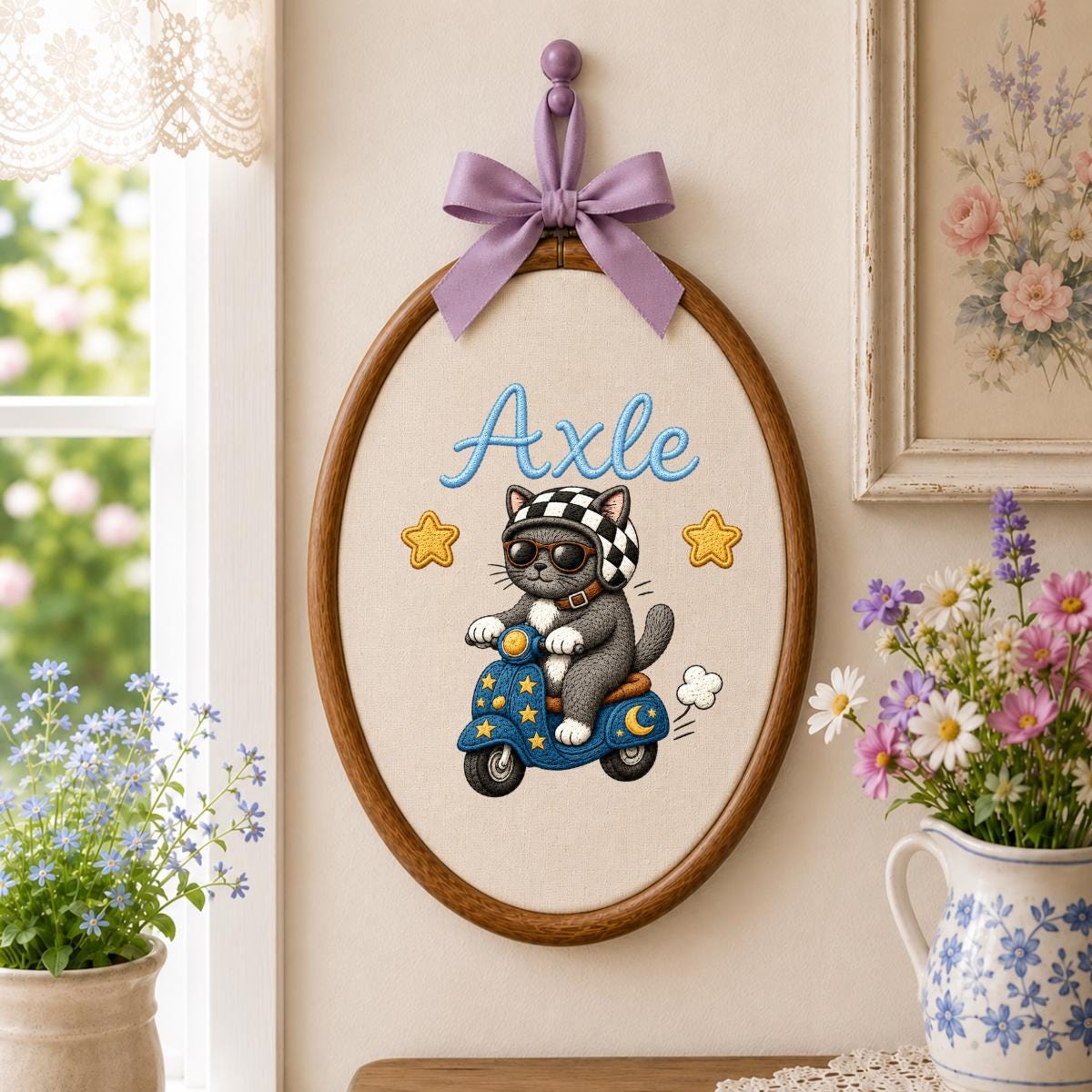 Personalized Cat Scooter Embroidery Hoop Art, Custom Name Biker Kitten Wall Hanging