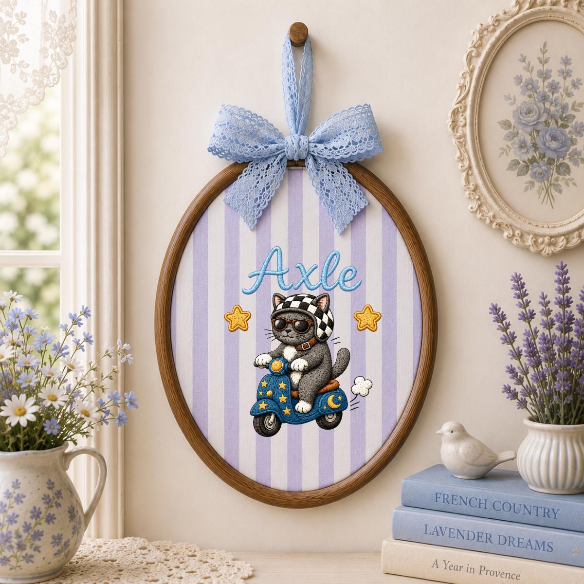 Personalized Cat Scooter Embroidery Hoop Art, Custom Name Biker Kitten Wall Hanging