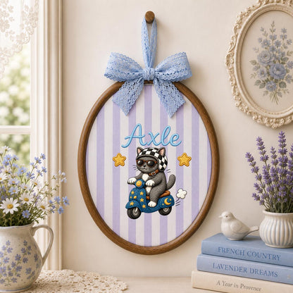 Personalized Cat Scooter Embroidery Hoop Art, Custom Name Biker Kitten Wall Hanging