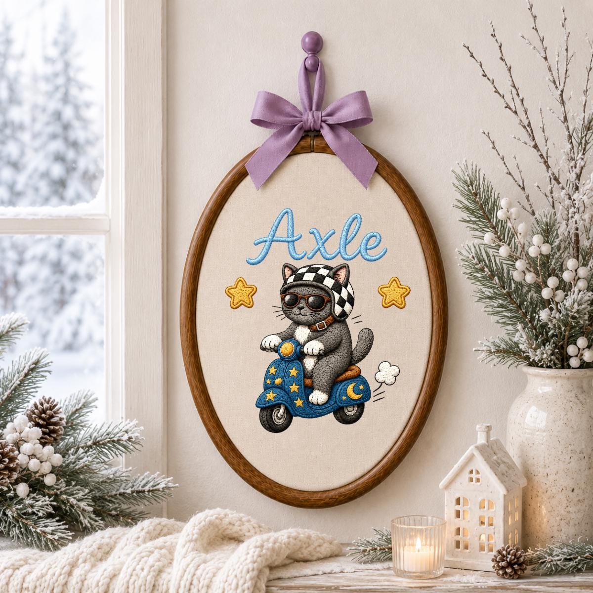 Personalized Cat Scooter Embroidery Hoop Art, Custom Name Biker Kitten Wall Hanging