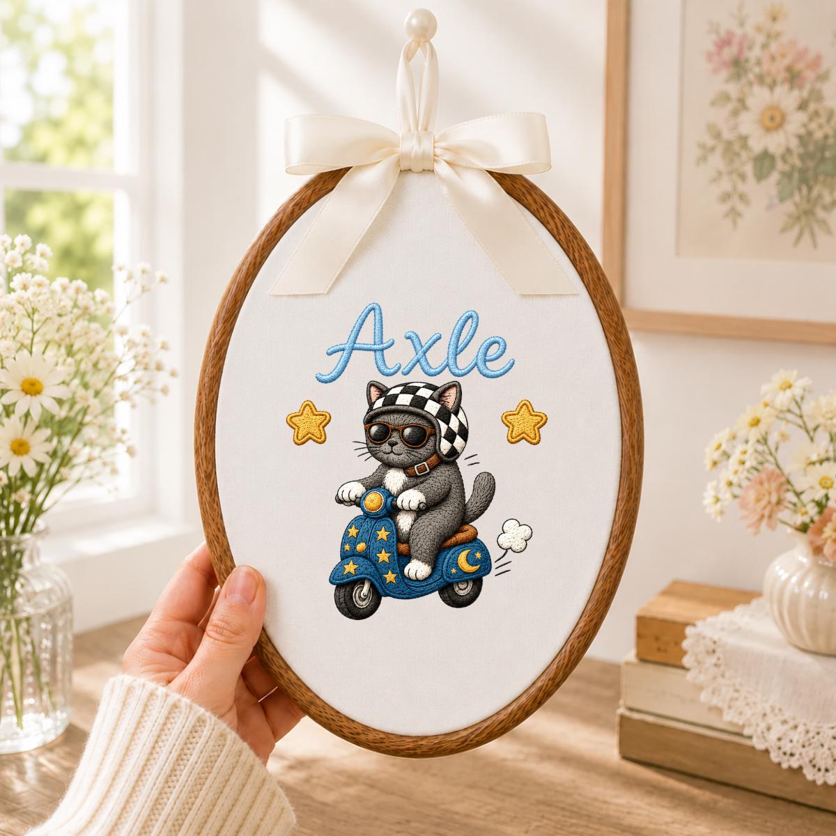 Personalized Cat Scooter Embroidery Hoop Art, Custom Name Biker Kitten Wall Hanging
