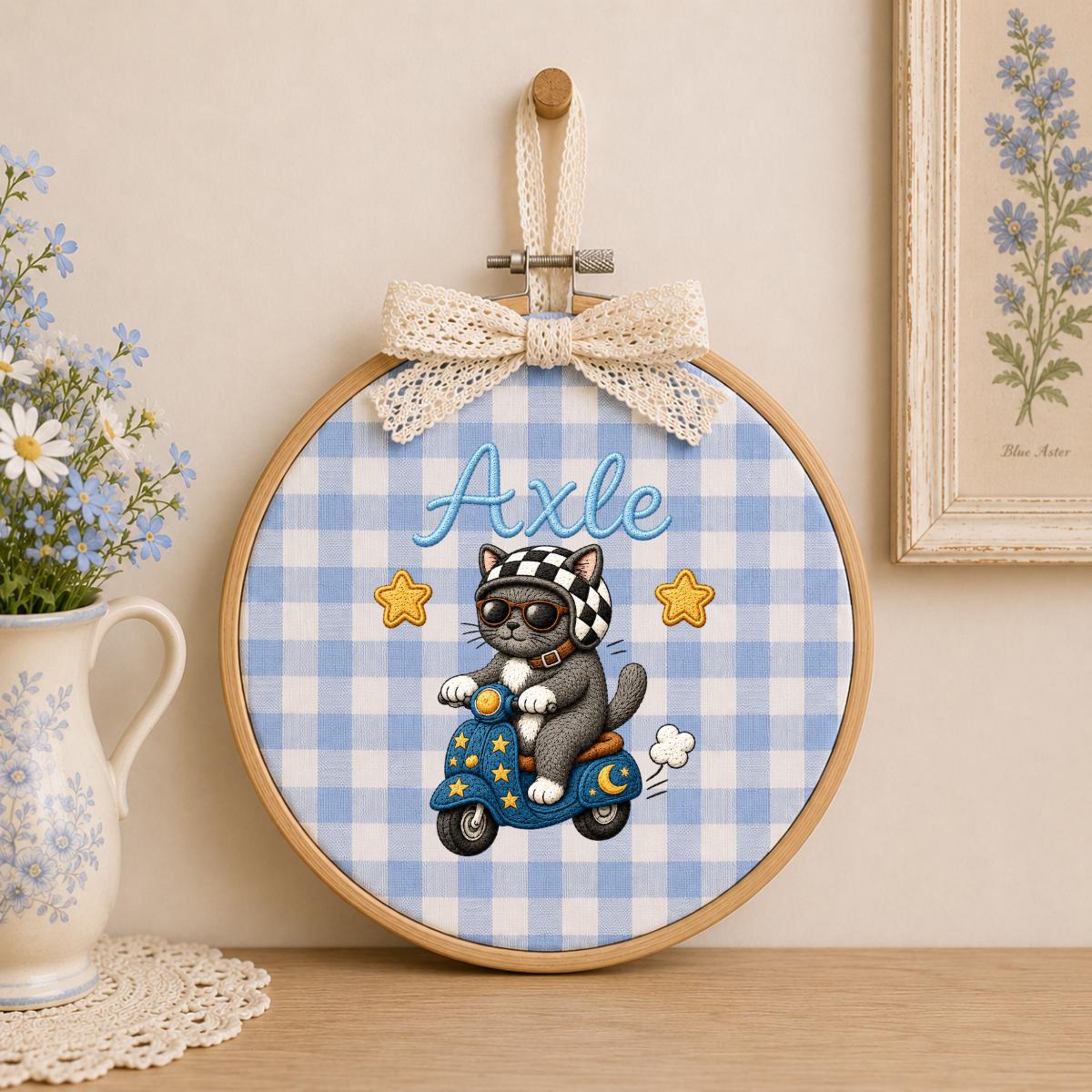 Personalized Cat Scooter Embroidery Hoop Art, Custom Name Biker Kitten Wall Hanging