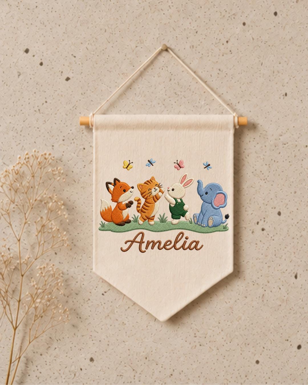 Personalized Stork Baby Wall Hanging, Custom Name Embroidered Banner, Welcome Baby Nursery Decor, Newborn Birth Announcement Gift