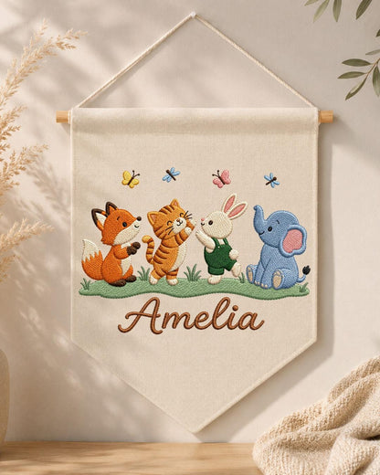 Personalized Stork Baby Wall Hanging, Custom Name Embroidered Banner, Welcome Baby Nursery Decor, Newborn Birth Announcement Gift