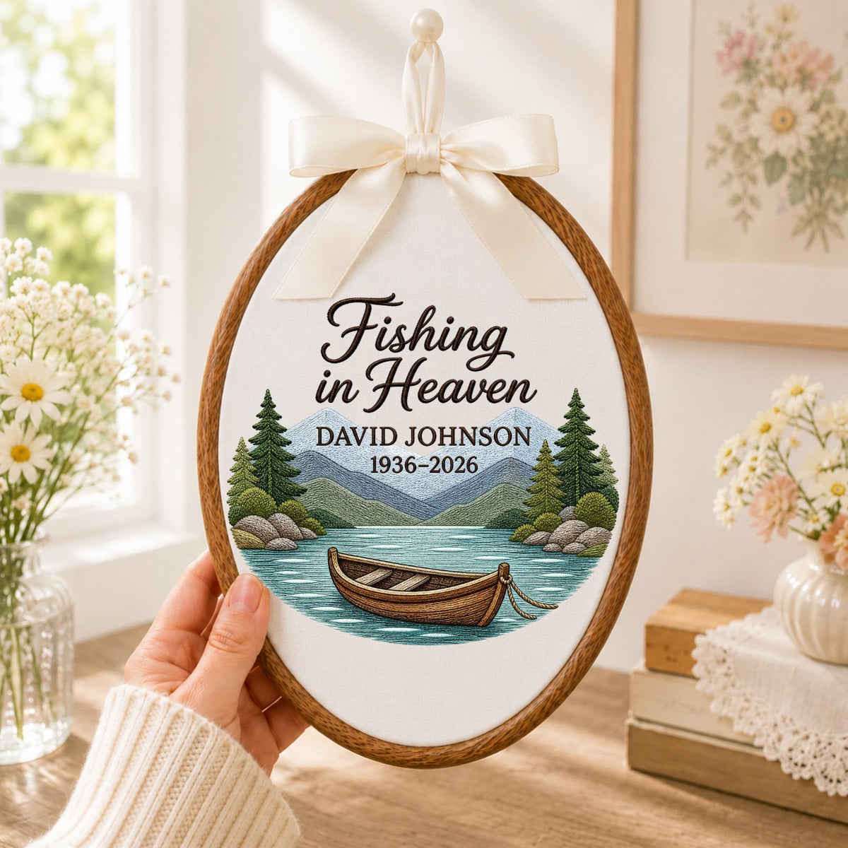 Personalized Embroidered Ornament, Fishing Memorial Ornament, Fishing in Heaven Gift, Custom Name Remembrance Keepsake, Sympathy Gift
