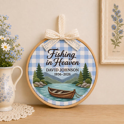 Personalized Embroidered Ornament, Fishing Memorial Ornament, Fishing in Heaven Gift, Custom Name Remembrance Keepsake, Sympathy Gift