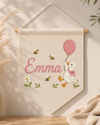 Personalized Goose Nursery Wall Hanging, Custom Name Embroidered Banner, Balloon Duck Baby Girl Room Decor, Bee Floral Nursery Gift