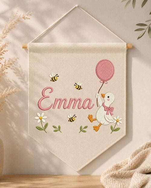 Personalized Goose Nursery Wall Hanging, Custom Name Embroidered Banner, Balloon Duck Baby Girl Room Decor, Bee Floral Nursery Gift