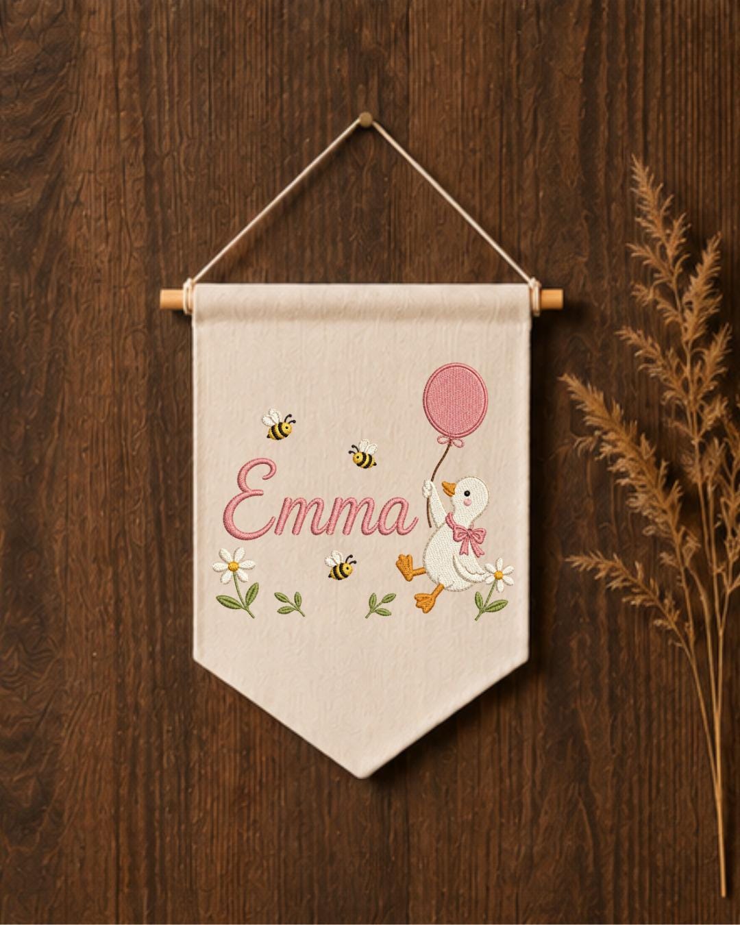 Personalized Goose Nursery Wall Hanging, Custom Name Embroidered Banner, Balloon Duck Baby Girl Room Decor, Bee Floral Nursery Gift
