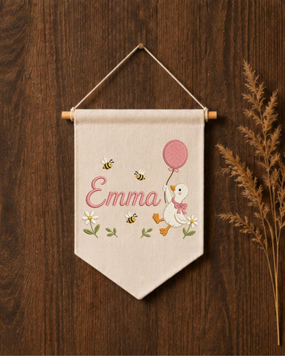 Personalized Goose Nursery Wall Hanging, Custom Name Embroidered Banner, Balloon Duck Baby Girl Room Decor, Bee Floral Nursery Gift