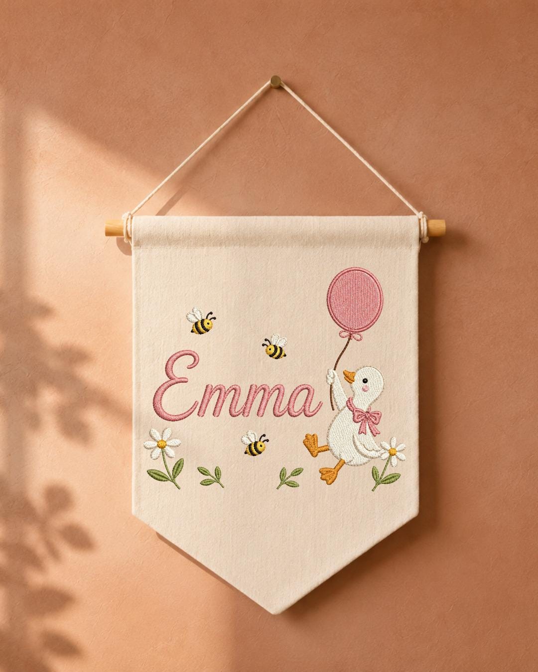 Personalized Goose Nursery Wall Hanging, Custom Name Embroidered Banner, Balloon Duck Baby Girl Room Decor, Bee Floral Nursery Gift