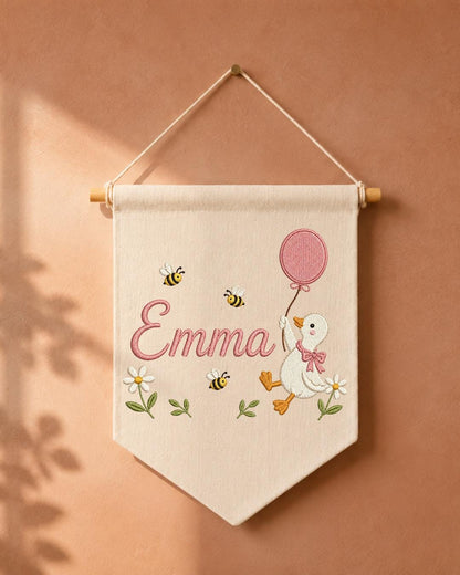 Personalized Goose Nursery Wall Hanging, Custom Name Embroidered Banner, Balloon Duck Baby Girl Room Decor, Bee Floral Nursery Gift