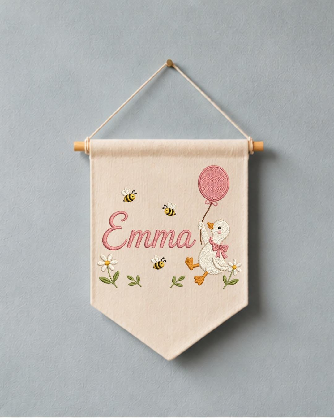 Personalized Goose Nursery Wall Hanging, Custom Name Embroidered Banner, Balloon Duck Baby Girl Room Decor, Bee Floral Nursery Gift