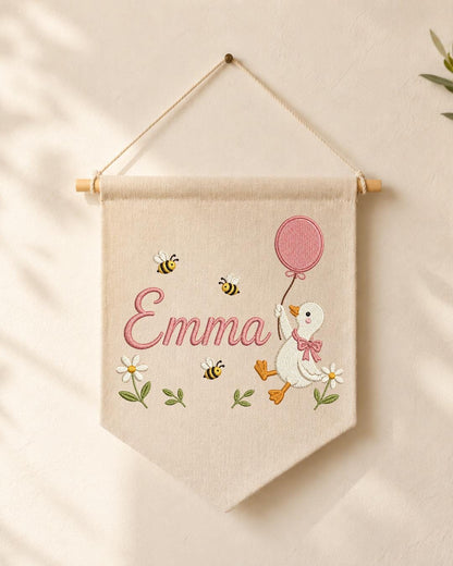 Personalized Goose Nursery Wall Hanging, Custom Name Embroidered Banner, Balloon Duck Baby Girl Room Decor, Bee Floral Nursery Gift