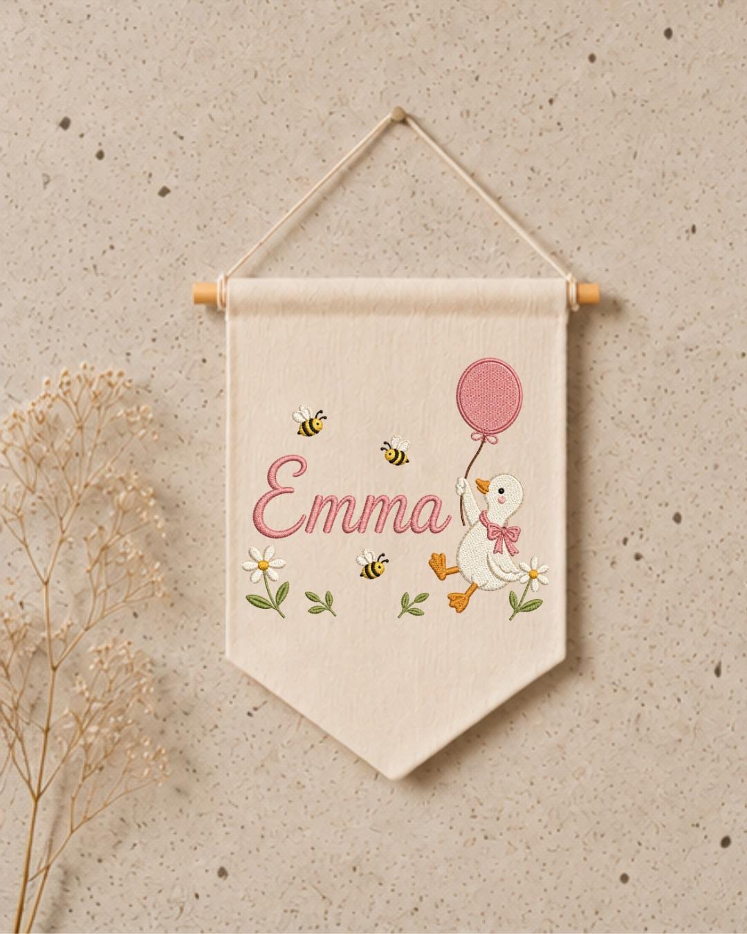 Personalized Goose Nursery Wall Hanging, Custom Name Embroidered Banner, Balloon Duck Baby Girl Room Decor, Bee Floral Nursery Gift