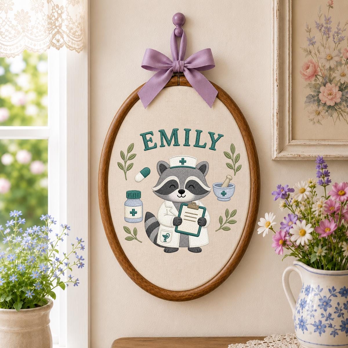 Custom Name Raccoon Nurse Embroidered Round Hoop Art, Cute Pharmacy Tech Doctor Blue Gingham Plaid Wall Hanging Decor, Gift for Her