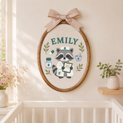 Custom Name Raccoon Nurse Embroidered Round Hoop Art, Cute Pharmacy Tech Doctor Blue Gingham Plaid Wall Hanging Decor, Gift for Her