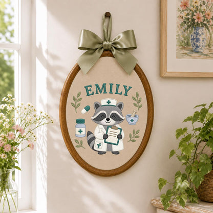 Custom Name Raccoon Nurse Embroidered Round Hoop Art, Cute Pharmacy Tech Doctor Blue Gingham Plaid Wall Hanging Decor, Gift for Her
