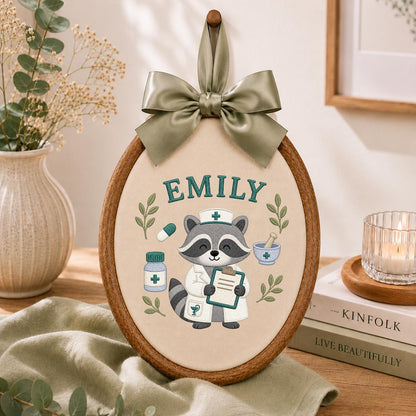 Custom Name Raccoon Nurse Embroidered Round Hoop Art, Cute Pharmacy Tech Doctor Blue Gingham Plaid Wall Hanging Decor, Gift for Her
