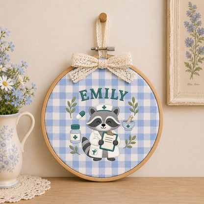Custom Name Raccoon Nurse Embroidered Round Hoop Art, Cute Pharmacy Tech Doctor Blue Gingham Plaid Wall Hanging Decor, Gift for Her