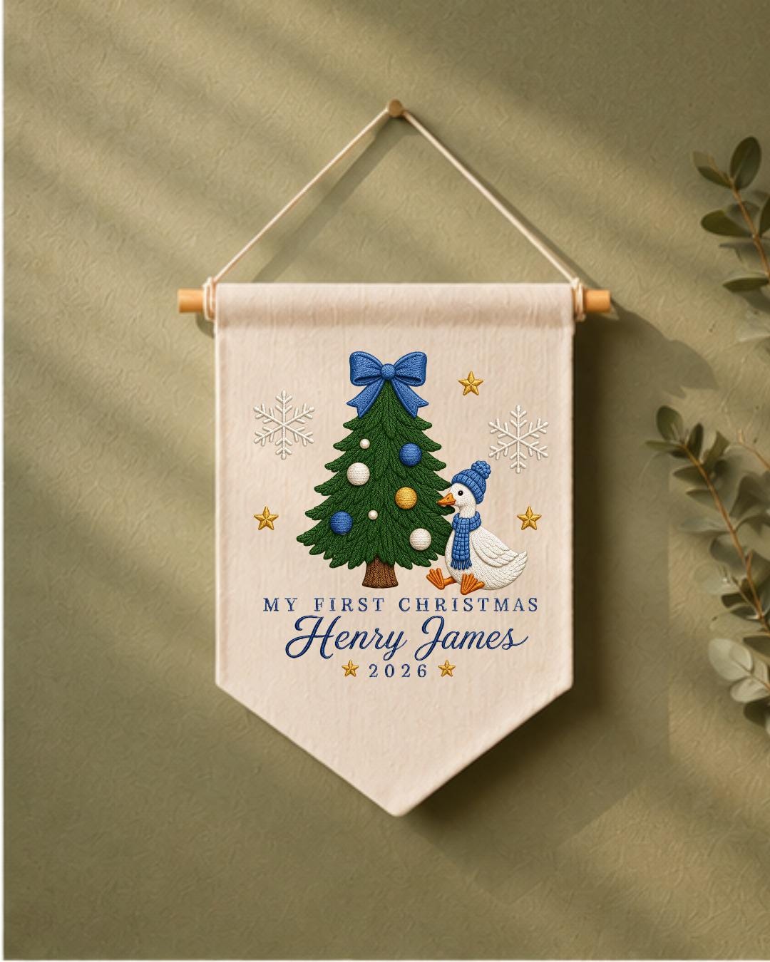 Personalized First Christmas Goose Wall Hanging, Custom Name Embroidered Banner, Baby Boy Christmas Nursery Decor, Holiday Keepsake Gift