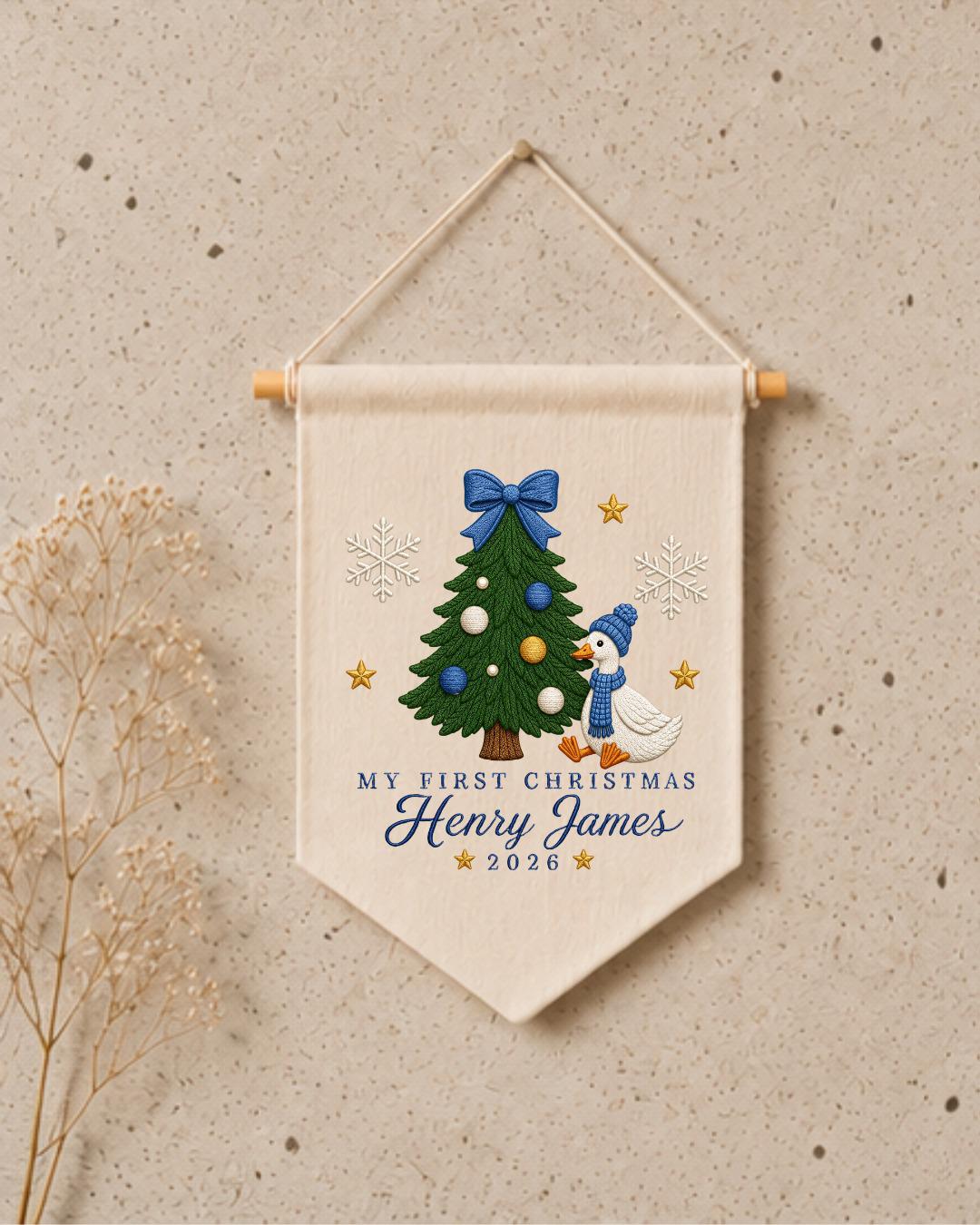 Personalized First Christmas Goose Wall Hanging, Custom Name Embroidered Banner, Baby Boy Christmas Nursery Decor, Holiday Keepsake Gift