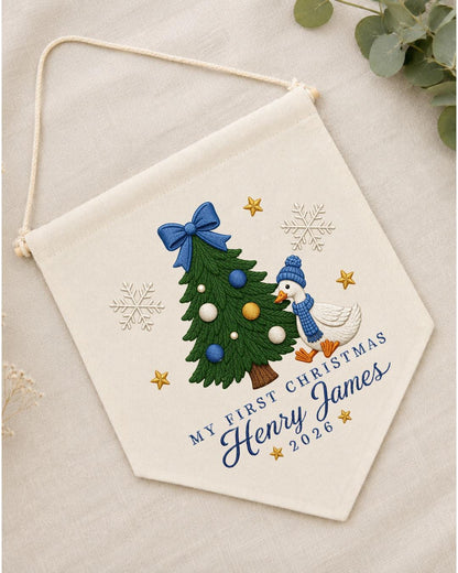 Personalized First Christmas Goose Wall Hanging, Custom Name Embroidered Banner, Baby Boy Christmas Nursery Decor, Holiday Keepsake Gift
