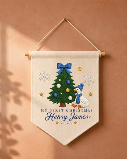 Personalized First Christmas Goose Wall Hanging, Custom Name Embroidered Banner, Baby Boy Christmas Nursery Decor, Holiday Keepsake Gift