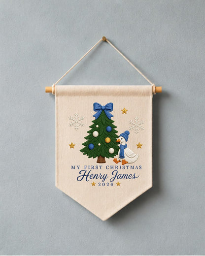 Personalized First Christmas Goose Wall Hanging, Custom Name Embroidered Banner, Baby Boy Christmas Nursery Decor, Holiday Keepsake Gift