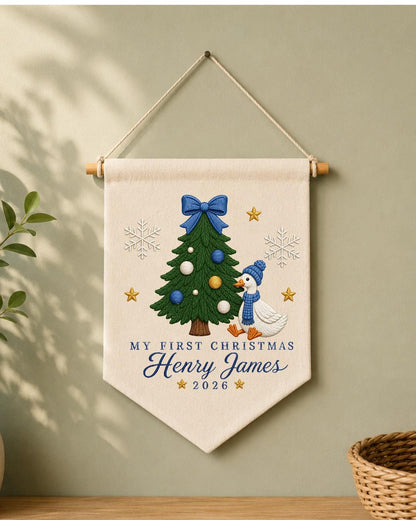 Personalized First Christmas Goose Wall Hanging, Custom Name Embroidered Banner, Baby Boy Christmas Nursery Decor, Holiday Keepsake Gift