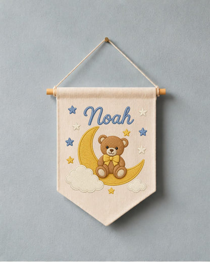 Personalized Bear Moon Nursery Wall Hanging, Custom Name Embroidered Banner, Teddy Bear Baby Boy Room Decor, Celestial Nursery Gift