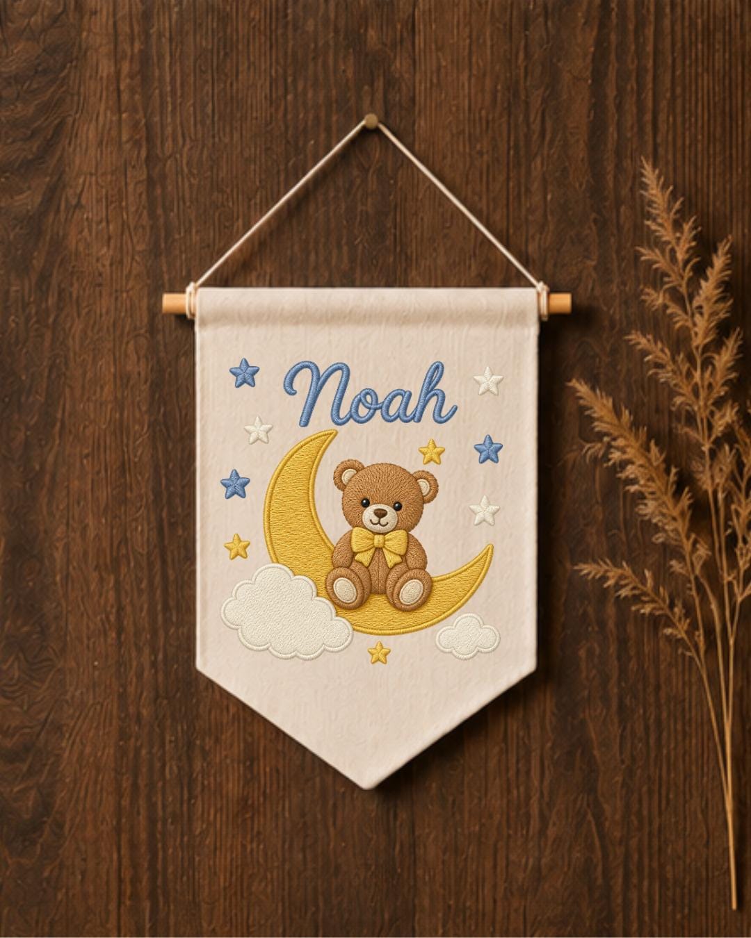 Personalized Bear Moon Nursery Wall Hanging, Custom Name Embroidered Banner, Teddy Bear Baby Boy Room Decor, Celestial Nursery Gift