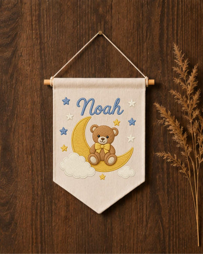 Personalized Bear Moon Nursery Wall Hanging, Custom Name Embroidered Banner, Teddy Bear Baby Boy Room Decor, Celestial Nursery Gift