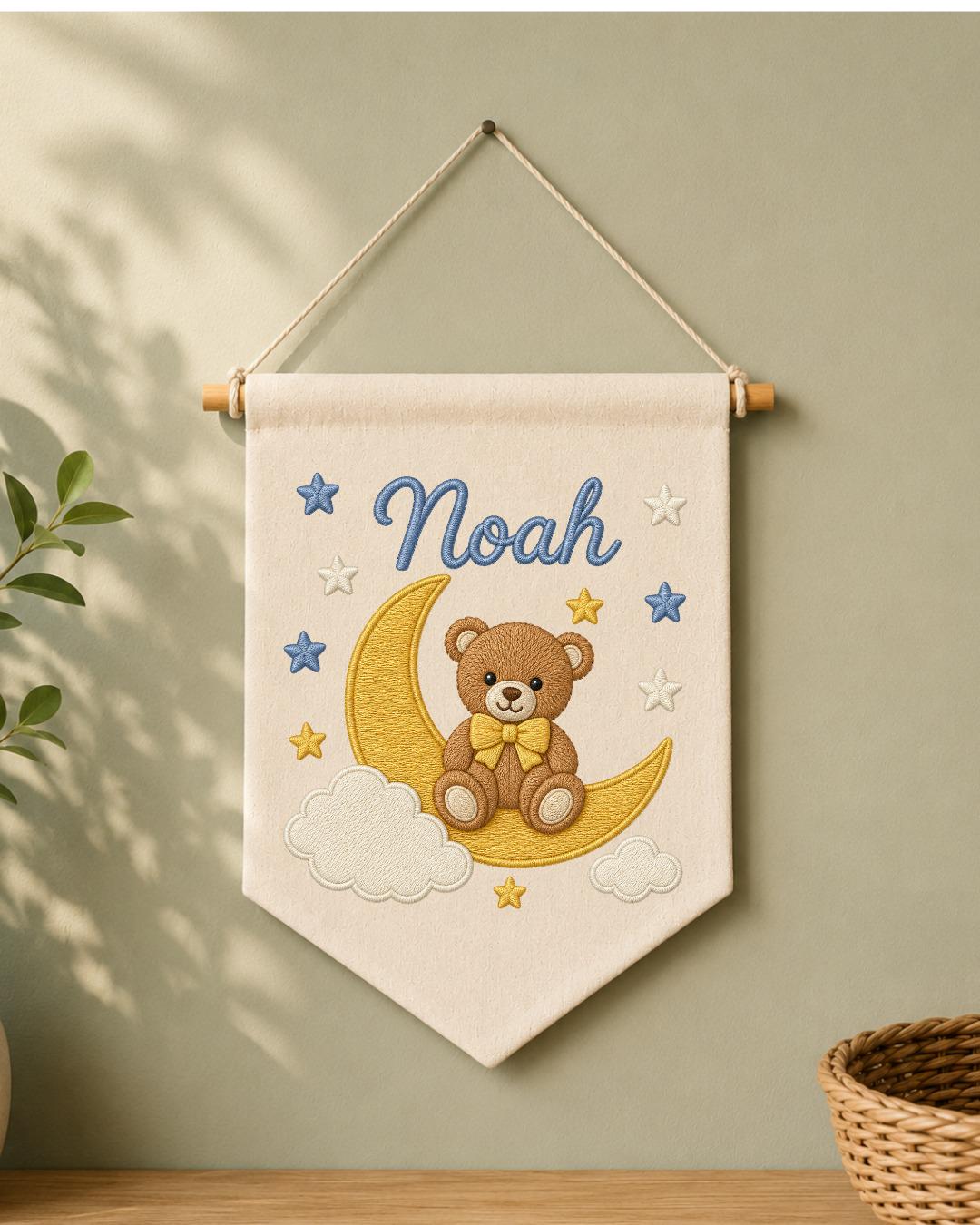 Personalized Bear Moon Nursery Wall Hanging, Custom Name Embroidered Banner, Teddy Bear Baby Boy Room Decor, Celestial Nursery Gift