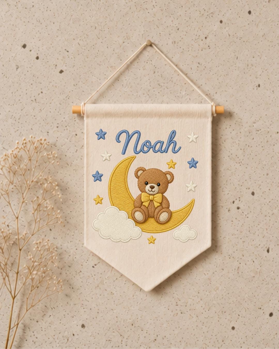 Personalized Bear Moon Nursery Wall Hanging, Custom Name Embroidered Banner, Teddy Bear Baby Boy Room Decor, Celestial Nursery Gift