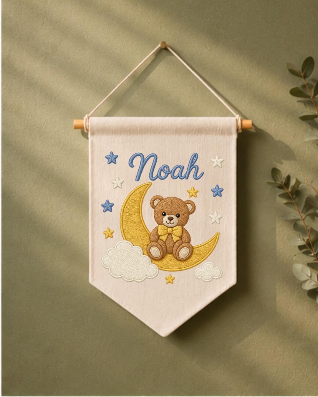 Personalized Bear Moon Nursery Wall Hanging, Custom Name Embroidered Banner, Teddy Bear Baby Boy Room Decor, Celestial Nursery Gift