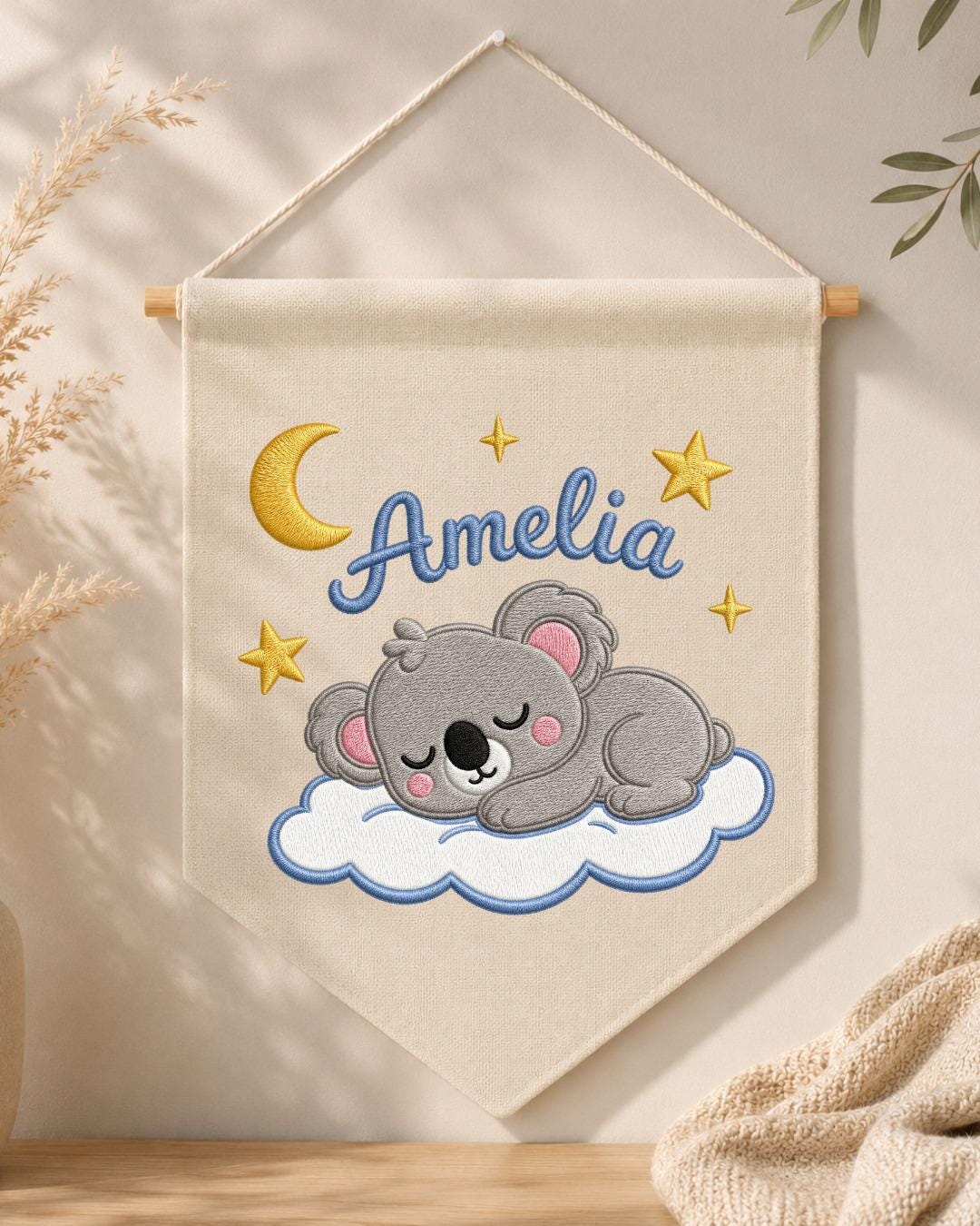 Personalized Koala Nursery Wall Hanging, Custom Name Embroidered Banner, Sleeping Koala Moon and Stars Baby Girl Room Decor, Nursery Gift