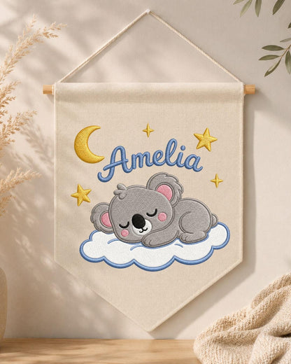 Personalized Koala Nursery Wall Hanging, Custom Name Embroidered Banner, Sleeping Koala Moon and Stars Baby Girl Room Decor, Nursery Gift