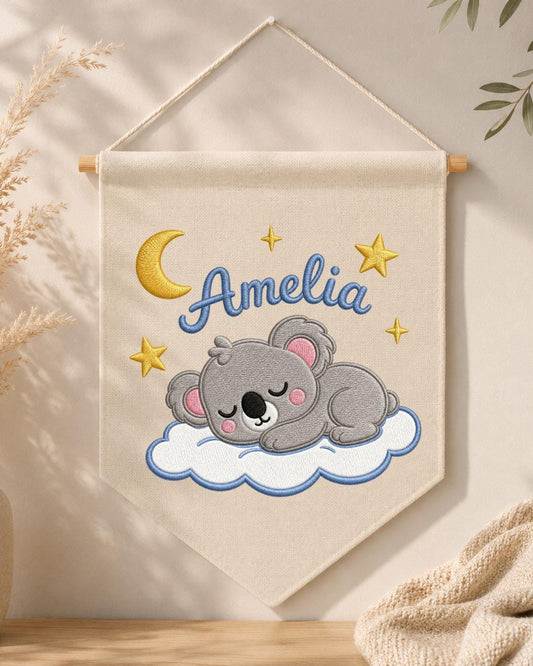 Personalized Koala Nursery Wall Hanging, Custom Name Embroidered Banner, Sleeping Koala Moon and Stars Baby Girl Room Decor, Nursery Gift