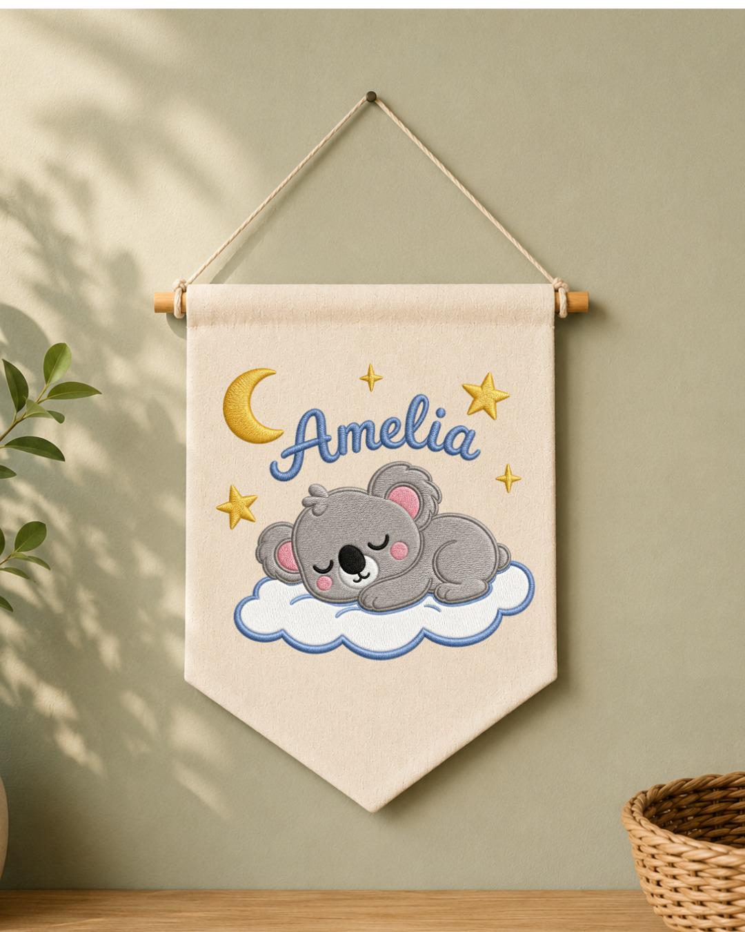 Personalized Koala Nursery Wall Hanging, Custom Name Embroidered Banner, Sleeping Koala Moon and Stars Baby Girl Room Decor, Nursery Gift