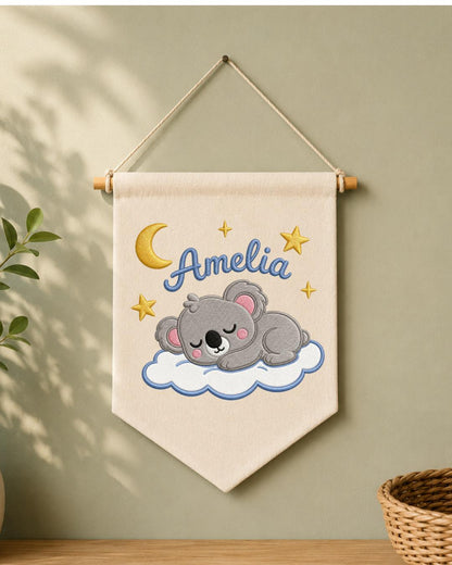 Personalized Koala Nursery Wall Hanging, Custom Name Embroidered Banner, Sleeping Koala Moon and Stars Baby Girl Room Decor, Nursery Gift