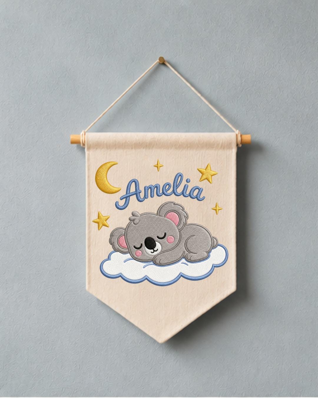 Personalized Koala Nursery Wall Hanging, Custom Name Embroidered Banner, Sleeping Koala Moon and Stars Baby Girl Room Decor, Nursery Gift