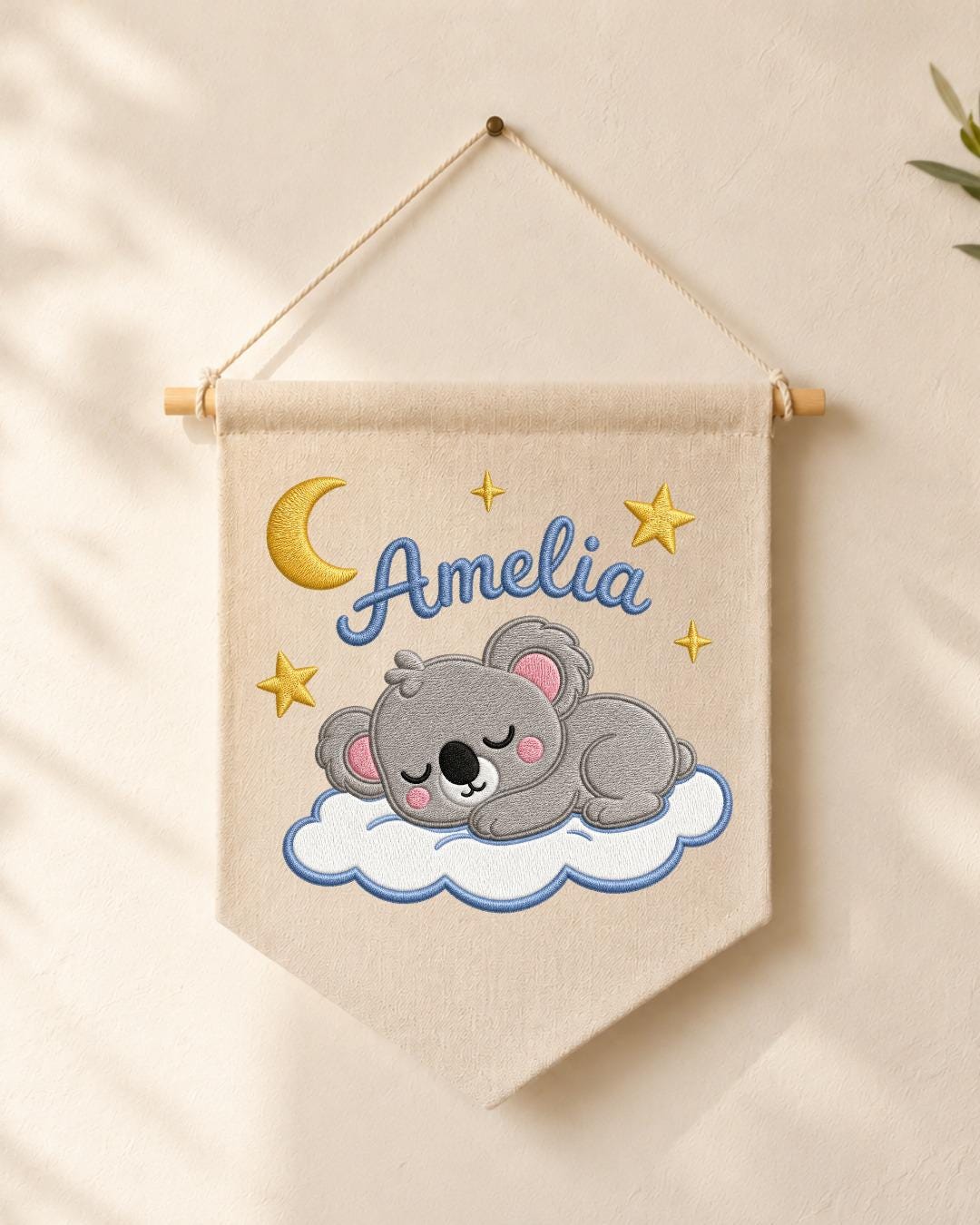 Personalized Koala Nursery Wall Hanging, Custom Name Embroidered Banner, Sleeping Koala Moon and Stars Baby Girl Room Decor, Nursery Gift