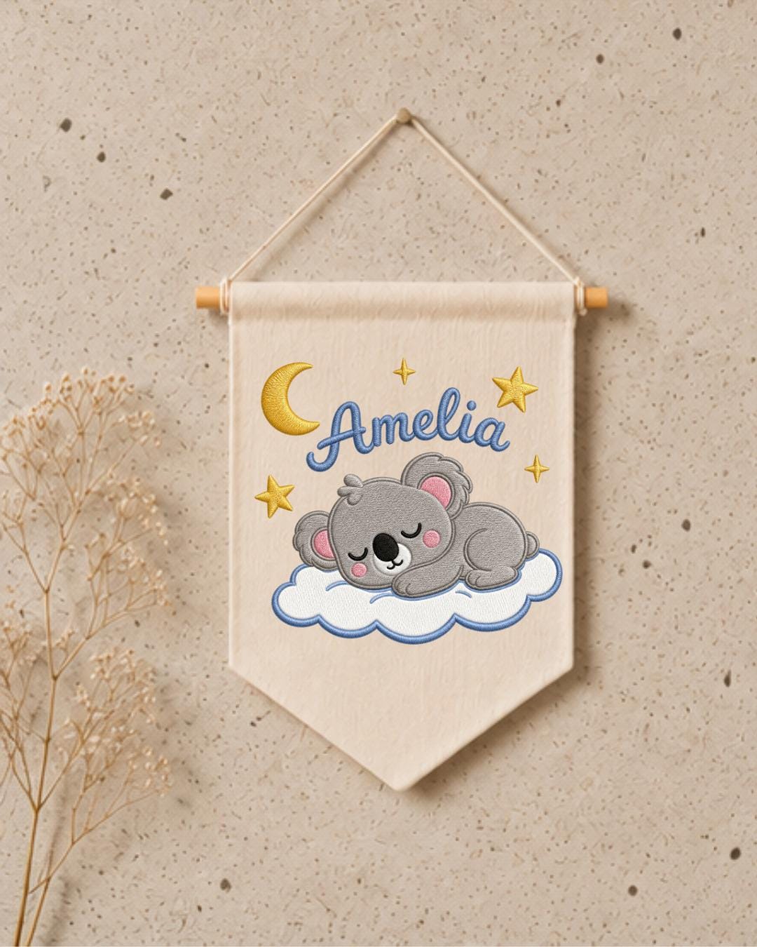 Personalized Koala Nursery Wall Hanging, Custom Name Embroidered Banner, Sleeping Koala Moon and Stars Baby Girl Room Decor, Nursery Gift