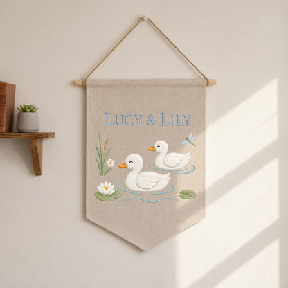 Personalized Duckling Canvas Pennant Banner, Custom Name Embroidered Twin Ducks Pond Water Lily Nursery Wall Hanging Sign, Baby Shower Gift
