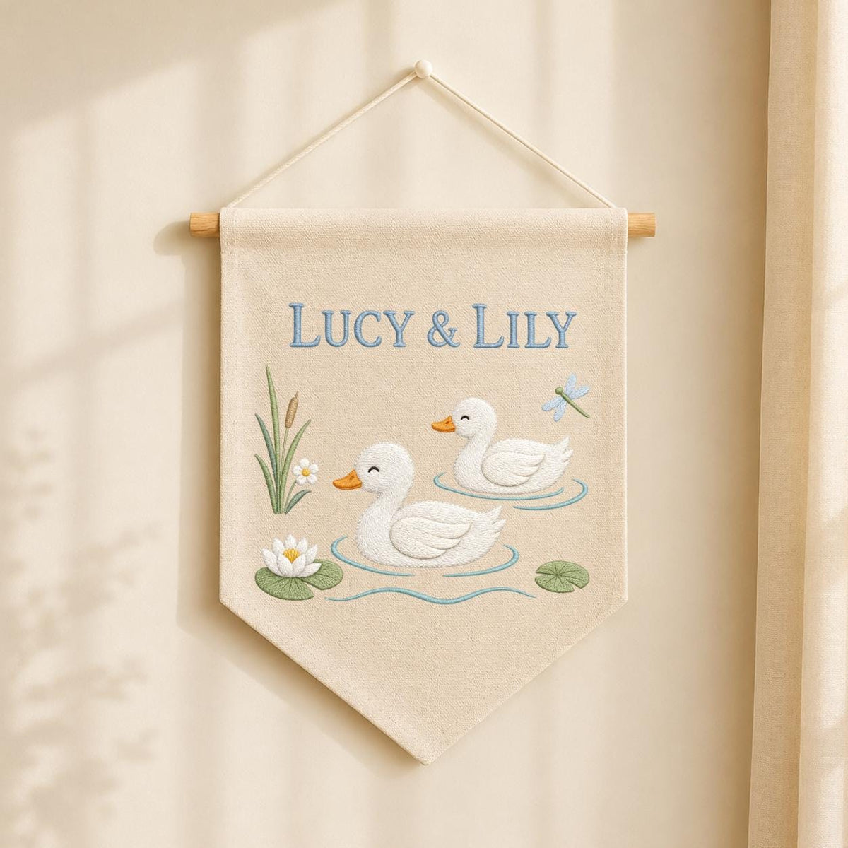 Personalized Duckling Canvas Pennant Banner, Custom Name Embroidered Twin Ducks Pond Water Lily Nursery Wall Hanging Sign, Baby Shower Gift