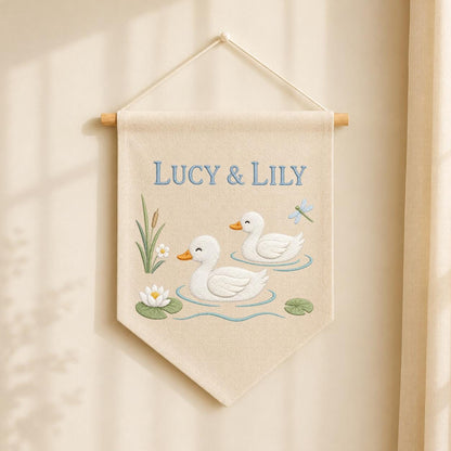 Personalized Duckling Canvas Pennant Banner, Custom Name Embroidered Twin Ducks Pond Water Lily Nursery Wall Hanging Sign, Baby Shower Gift